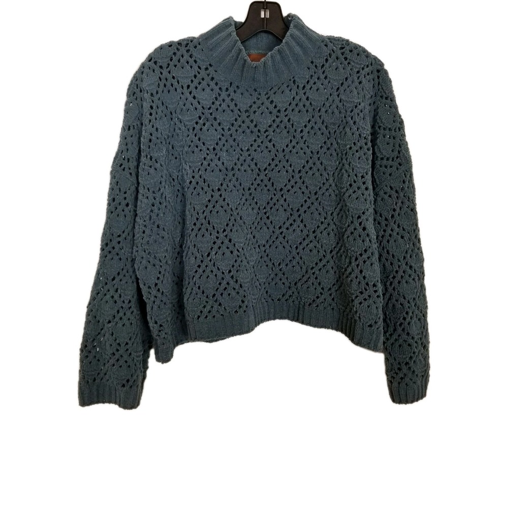 POL Women‎ Crop Turtleneck Sweater Sz L Teal Crochet Knit Boho Pullover